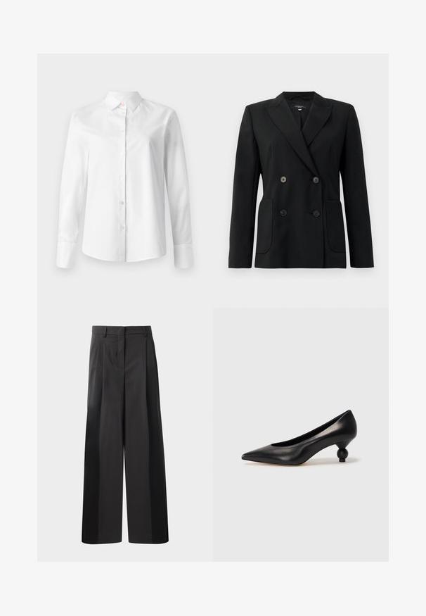 Juodas dvigubas švarkas, pagamintas iš struktūruotos medžiagos, su išpjautomis atlapomis, dviem priekinėmis kišenėmis ir taisyklingais juodais mygtukais.; Balta ilga rankovėmygtukinė marška iš lygaus medvilnės audinio, turi klasikinį apykaklę ir mažus mygtukus priekyje.; Juodos plačios kelnės su aukštu liemeniu, su priekinėmis raukšlėmis, glotnia tekstūra ir pritaikytu apdailos stiliumi. Sukurtos laisvam sėdėjimui.; Juoda odinė aukštakulnė bateliai su smailiu pirštu ir apvaliu, iškiliu kulnu. Lygus paviršius su elegantišku, minimalistiniu dizainu.