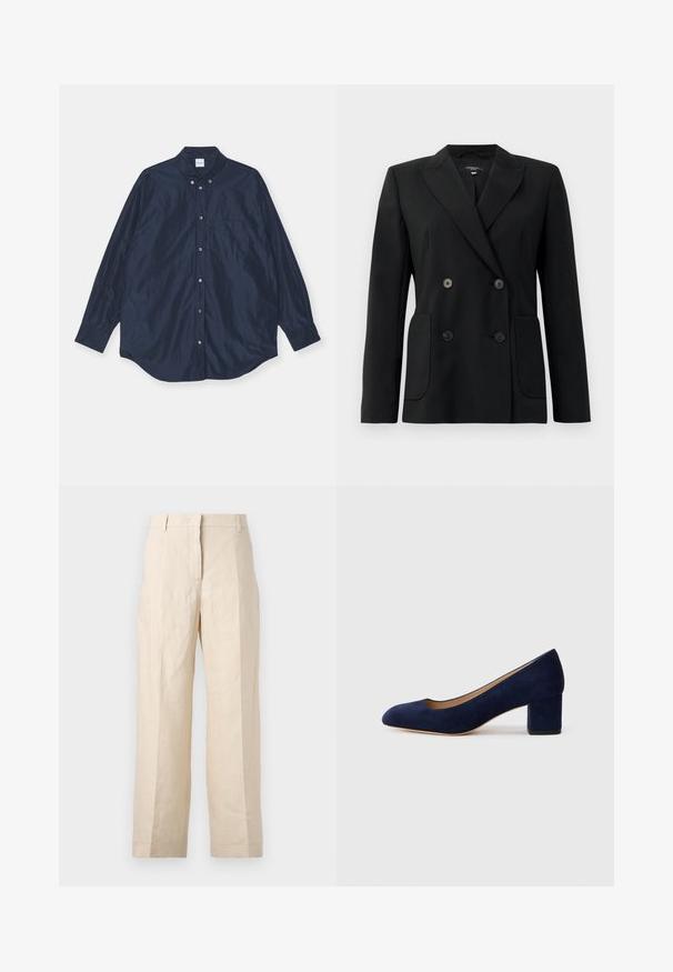 Juodas dvigubas švarkas, pagamintas iš struktūruotos medžiagos, su išpjautomis atlapomis, dviem priekinėmis kišenėmis ir taisyklingais juodais mygtukais.; Tamsiai mėlyna ilgomis rankovėmis mygtukų marškiniai, satino tipo tekstūra, su viena krūtinės kišenė ir apvaliu kraštu. Yra mygtuku užsegamas apykaklė ir rankogaliai.; Bežinės lininės kelnės su laisvu kirpimu, preguldyta priekyje ir tiesiomis kojomis. Savybės: juosmuo su diržo kilpomis ir be matomų kišenių.; Tamsiai mėlynos zomšos bateliai su smailiu nykščiu ir vidutinio aukščio blokiniu kulnu. Lygi tekstūra su subtiliu blizgesiu ir mažas įpjovimas priekyje.