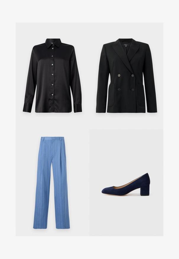 Crni dvostruki sako od čvrstog materijala, s reverima, dva prednja džepa i četiri crna dugmeta.; Crna satenasta košulja dugih rukava s ovratnikom, prednjim kopčanjem na gumbe i manžetama s jednim gumbom. Glatka tekstura s lagano opuštenim krojem.; Svijetloplave široke hlače s vertikalnim bijelim prugama. Napravljene su od glatkog materijala, s prednjim oštrim naborom i čistim dizajnom struka.; Tamno plava suede salonka s šiljastim vrhom i blok petom srednje visine. Glatka tekstura s blagim sjajem i malim izrezom sprijeda.