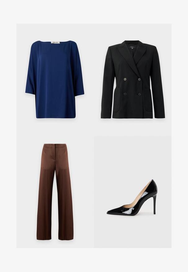 Blazer preto de dupla face feito de tecido estruturado, apresentando lapelas com corte em notch, dois bolsos frontais e quatro botões pretos.; Camisola larga azul marinho com um decote amplo e mangas curtas, apresentando uma textura suave e um design minimalista.; Calças largas castanhas feitas de um tecido leve e suave, apresentando uma frente plana, sem bolsos e uma silhueta reta.; Sabrinas de salto alto em couro envernizado preto com um design de bico fino e uma silhueta elegante. Apresenta um acabamento suave e brilhante, além de um salto fino e esguio.