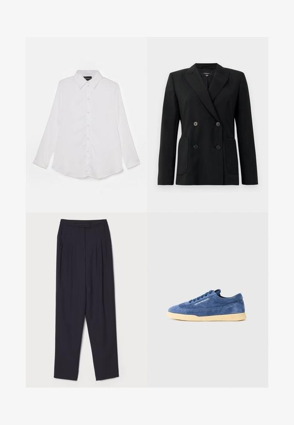 Crni dvostruki sako od čvrstog materijala, s reverima, dva prednja džepa i četiri crna dugmeta.; Bijela košulja dugih rukava s dugmadi sprijeda, klasičnog ovratnika, glatke teksture, zakrivljenim donjim rubom i suptilnim sjajem.; Tamne tamnoplavih hlača napravljenih od mekanog materijala, s plitkim naborima i ravnim krojem, standardnim pojasom i bočnim džepovima.; Plave antilop tenisice niske sa kremastom potplatom, vezicama i logotipom "EMPORIO ARMANI" sa strane, fotografirane na jednostavnoj bijeloj pozadini.