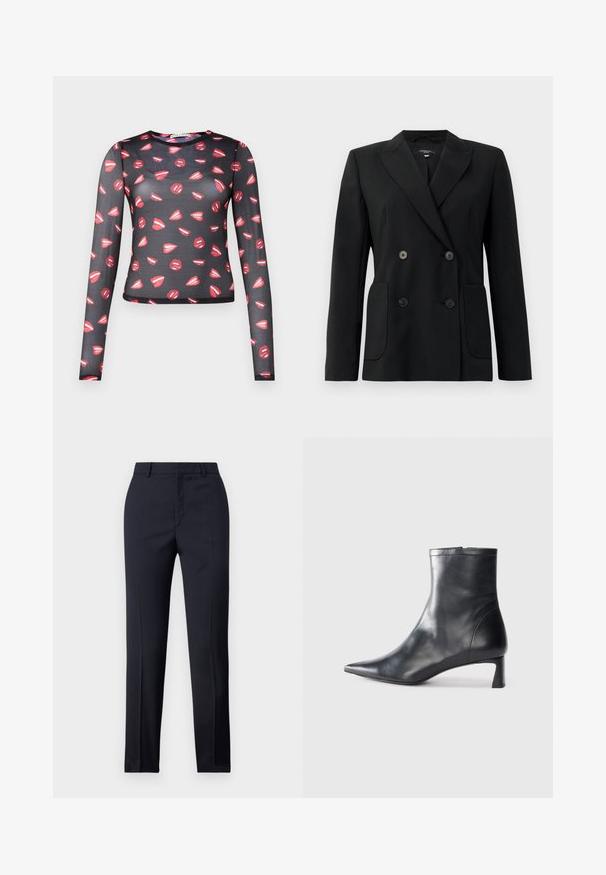 Juodas dvigubas švarkas, pagamintas iš struktūruotos medžiagos, su išpjautomis atlapomis, dviem priekinėmis kišenėmis ir taisyklingais juodais mygtukais.; Ilga rankovė, permatoma juoda palaidinė su pakartotu raudonų lūpų raštu ir baltomis detalėmis, aptempta forma ir apvaliu iškirpimu.; Jūriniai pritaikyti kelnes su tiesiu kirpimu, turinčios lygų paviršių, dvi priekinės kišenės ir švarus liemuo.; Juodas odinis kulkšninis batas su smailiu pirštu ir elegantišku dizainu. Turi žemą kulną ir užtrauktuką gale. Lygi tekstūra.