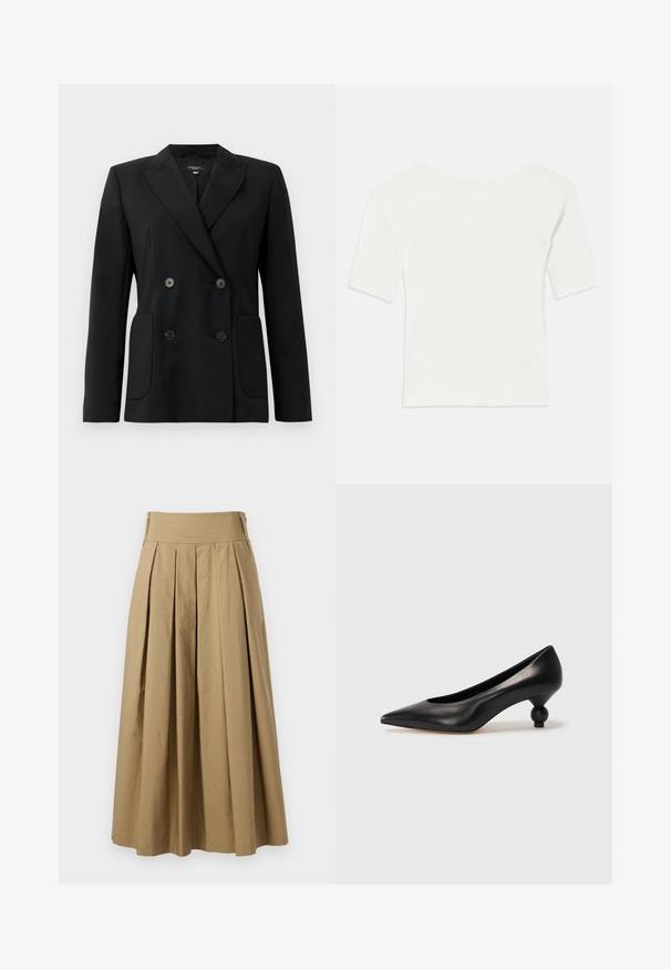 Fekete, kétsoros zakó, amely strukturált anyagból készült, kihajtott gallérral, két elülső zsebbel és négy fekete gombbal rendelkezik.; Fehér bordázott, rövid ujjú felső széles nyakkivágással. A textúrája függőleges csíkokkal rendelkezik, hangsúlyozva a szoros illeszkedést és az egyszerű dizájnt.; Khaki színű, rakott szoknya magas derékkal, pamutból készült. Jellemzője a laza fazon, az alján finom varrási részletekkel.; Fekete bőr magassarkú cipő, hegyes orral és kerek, gömbölyű sarokkal. Simább textúrával, elegáns, minimalista dizájnnal.
