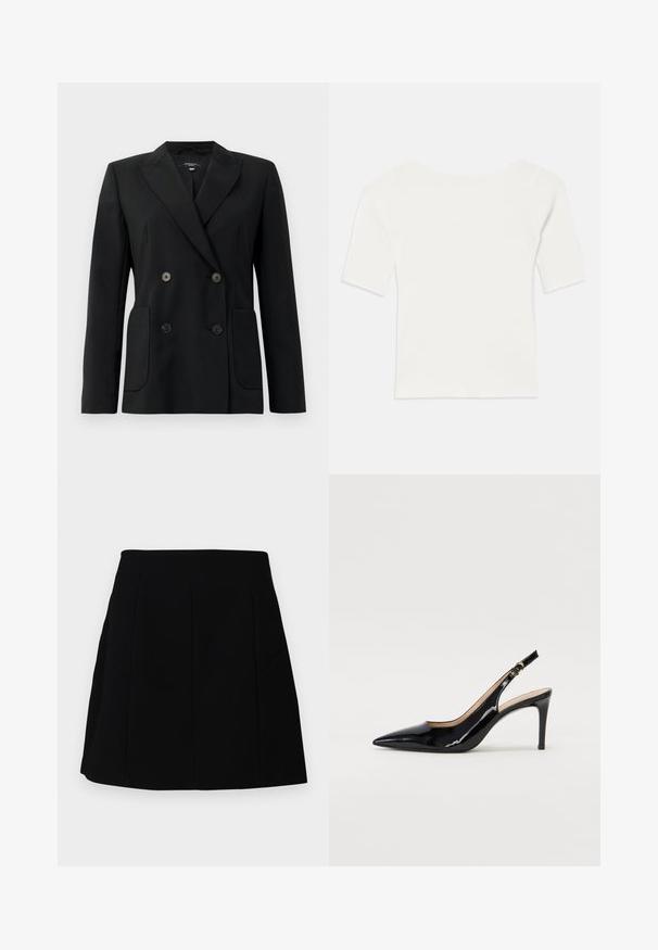 Črn dvoredni blazer iz strukturirane tkanine, z ovratnikom tipa notch, dvema sprednjima žepoma in štirimi črnimi gumbi.; Bela rebrasta majica s kratkimi rokavi in širokim izrezom. Tekstura prikazuje navpične črte, kar poudarja tesno prileganje in preprost dizajn.; Črna minisuknja s strukturirano silhueto, ki vključuje sprednje šive in stranske žepe, izdelana iz gladkega, lahkega blaga.; Črne lakirane slingback čevlje z izostrenim nosom, ozkim peto in subtilnim izrezom. Na traku je zlata sponka.
