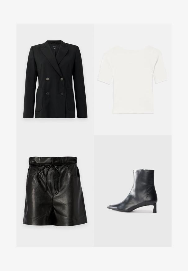 Musta kaksirivinen bleiseri, joka on valmistettu jämäkästä kankaasta ja jossa on asetelmalapelit, kaksi etutaskua ja neljä mustaa nappia.; Valkoinen ribbattu lyhythihainen paita, jossa on leveä pääntie. Tekstuurissa on pystysuoria raitoja, jotka korostavat tiukkaa istuvuutta ja yksinkertaista muotoilua.; Mustat nahkahousut, joissa on korkea vyötärö, nyöripitsi ja sivutaskut. Kiiltävä pinta ja näkyvät ompeluyksityiskohdat.; Musta nahkainen nilkkabotti, jossa on teräväkärkinen muotoilu ja tyylikäs design. Varusteena matala korko ja takana vetoketjukiinnitys. Sileä pinta.