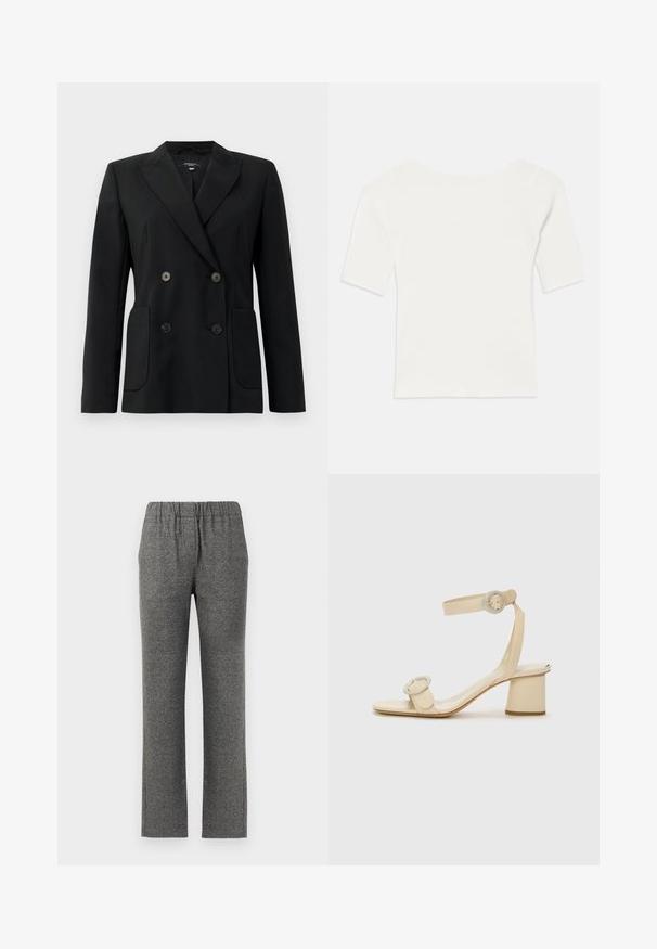 Blazer negru cu două rânduri de nasturi, realizat dintr-un material structurat, având rever cu decupaj, două buzunare frontale și patru nasturi negri.; Top scurt cu mânecă scurtă, alb, cu decolteu larg. Textura are dungi verticale, evidențiind o potrivire strânsă și un design simplu.; Pantaloni gri, texturati, cu talie elastica si design cu picioare drepte. Prezinta un model subtil pentru un plus de interes vizual.; Sandi cu toc înalt bej, cu un design minimalist, având două accente circulare și un toc gros. Realizate din piele netedă.