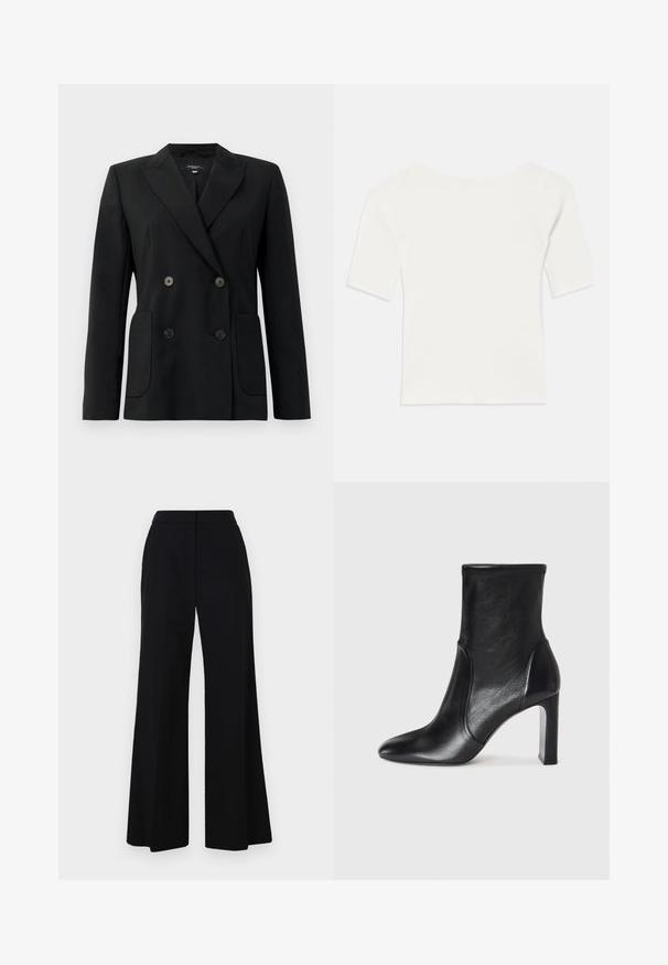 Zwarte dubbelgebreide blazer van gestructureerde stof, met notch revers, twee voord pockets en vier zwarte knopen.; Witte ribben top met korte mouwen en een brede hals. De textuur heeft verticale strepen, die een snug fit en eenvoudig ontwerp benadrukken.; Zwarte wijde broek met hoge taille, gemaakt van zachte stof en met strakke lijnen. Geen zichtbare hardware of patronen.; Zwarte leren enkelboot met een slank ontwerp, spitse neus en hoge blokhak. Heeft een gladde textuur en minimalistische stikseldetails.
