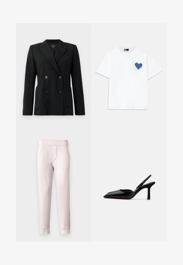 Juodas dvigubas švarkas, pagamintas iš struktūruotos medžiagos, su išpjautomis atlapomis, dviem priekinėmis kišenėmis ir taisyklingais juodais mygtukais.; Balta medvilninė marškinėliai su trumpomis rankovėmis ir apvaliu kaklu. Kairėje krūtinės pusėje yra mėlynos džinsinės širdies aplikacija su tekstu po ja.; Švelnios šviesiai rožinės spalvos sportinės kelnės, pagamintos iš minkštos medžiagos, su elastinga juosta, šoninėmis kišenėmis ir rausvomis rankogaliais ties kulkšnimis.; Juodas odinis slingback kulnas su smailiu nosiu, minimalizmo stilius, plonas kulkšnies dirželis ir elegantiškas stiletto kulnas. Lygus paviršius.