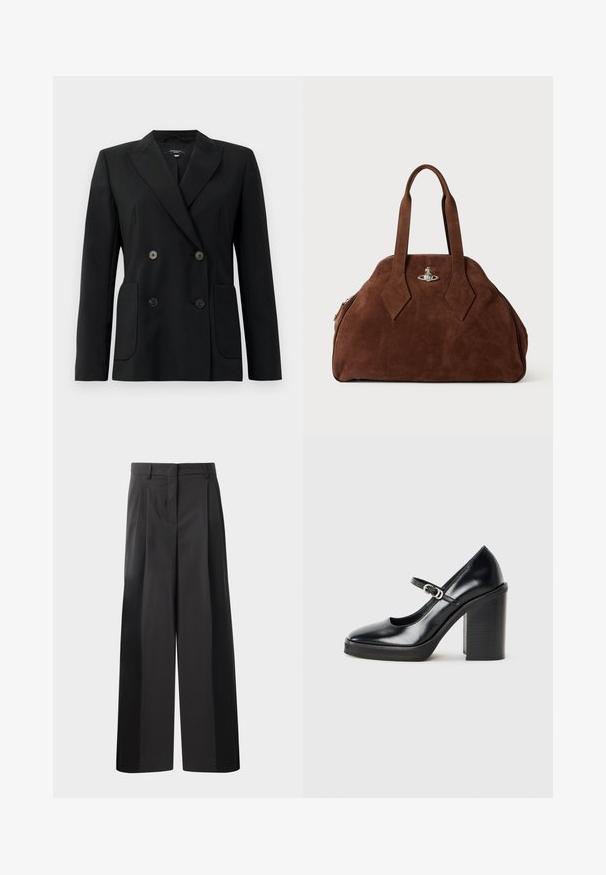 Blazer negro de doble botonadura, hecho de una tela estructurada, con solapas de muesca, dos bolsillos frontales y cuatro botones negros.; Camiseta de manga larga negra de cuello redondo con corte ajustado, diseño liso y una pequeña etiqueta "Tiger of Sweden" en el interior del cuello.; Pantalones de pierna ancha negros con cintura alta, que presentan pliegues en la parte delantera, una textura suave y un acabado a medida. Diseñados para un ajuste relajado.; Zapato de tacón alto de charol negro con punta redonda, tira en el tobillo, detalle de hebilla plateada y tacón cuadrado grueso.; Bolso de ante marrón con una forma estructurada, cuerpo redondeado y asas alargadas en forma de diamante. Presenta un cierre de hardware plateado.