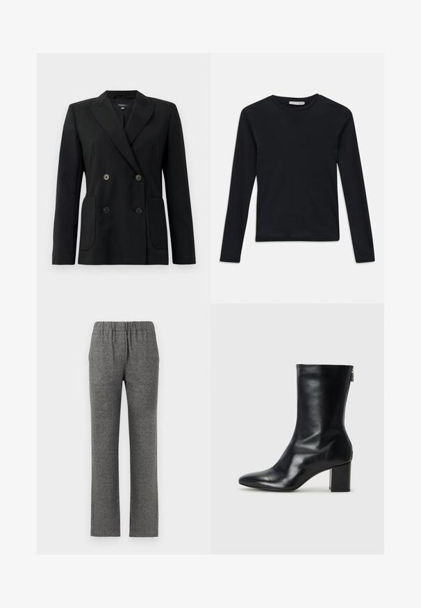 Sort dobbeltradet blazer lavet af struktureret stof, med klapkrave, to forlommer og fire sorte knapper.; Sort langærmet T-shirt med rund hals, slim fit, enkel design, og et lille "Tiger of Sweden" mærke indeni kraven.; Grå, teksturerede bukser med elastisk talje og lige ben-design. Har et subtilt mønster for ekstra visuel interesse.; Sorte læder ankelstøvler med spids tå og 4 cm blokhæl. Det slanke design har en sidelukning for nem påtagning. Glat tekstur.
