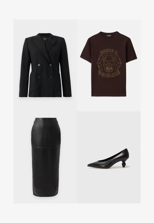 Blazer negru cu două rânduri de nasturi, realizat dintr-un material structurat, având rever cu decupaj, două buzunare frontale și patru nasturi negri.; Tricou negru din bumbac, cu un grafic de craniu conturat în strasuri aurii, cu textul "Zadig & Voltaire", mâneci scurte și guler rotund.; Fustă midi din piele neagră, cu o siluetă ajustată, textură netedă, talie înaltă și închidere cu fermoar discret pe lateral. Fără modele sau accente.; Pantofii cu toc înalt din piele neagră, cu vârf ascuțit și toc rotund, mimos. Textură netedă, cu un design elegant și minimalist.