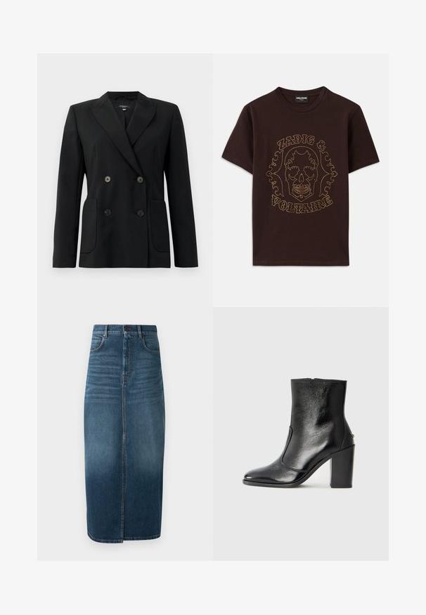 Blazer preto de dupla face feito de tecido estruturado, apresentando lapelas com corte em notch, dois bolsos frontais e quatro botões pretos.; T-shirt preta feita de algodão, com uma estampa de caveira contornada por rebites dourados e texto "Zadig & Voltaire", mangas curtas e decote redondo.; Saia midi de denim em índigo escuro, com uma fenda frontal e ligeira descoloração. Design clássico de cinco bolsos com fecho em botão de metal.; Bota ankle preta em pele com uma textura suave, bico fino e um salto alto robusto. Apresenta uma abertura lateral e um design minimalista.