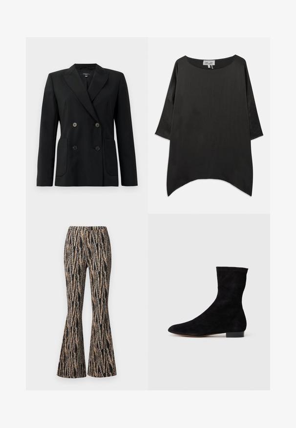 Čierny dvojradový blejzer vyrobený z pevnej látky, s klopami, dvoma prednými vreckami a štyrmi čiernymi gombíkmi.; Čierna voľná blúzka s okrúhlym výstrihom, trojštvrťovými rukávmi a voľným, štruktúrovaným materiálom. Obsahuje zakrivený lem a minimalistický dizajn.; Diane von Furstenberg BURANO PANTS - Nohavice - black; Čierne semišové členkové topánky s priliehavým zvrškom, špicatou špičkou a nízkym blokovým opätkom. Hladká textúra a minimalistický dizajn, vhodné na všestranné kombinovanie.