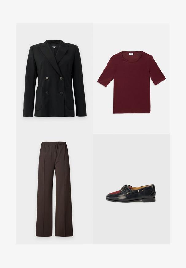Blazer preto de dupla face feito de tecido estruturado, apresentando lapelas com corte em notch, dois bolsos frontais e quatro botões pretos.; Camisa curta de manga, de cor vermelha escura, com decote redondo, disposta de forma plana sobre um fundo branco.; Calças largas em tecido castanho escuro com um cós elástico, apresentando uma textura suave e linhas limpas para um visual refinado.; Sapatilha de barco em couro preto com bico em camurça vermelha, ilhós dourados e um laço decorativo. Textura suave com um salto baixo e quadrado.