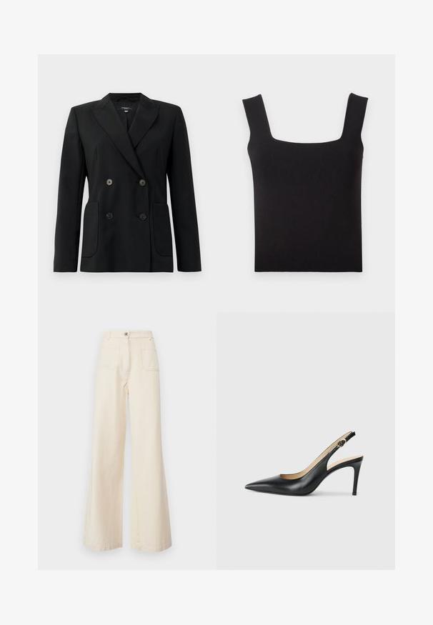 Czarna podwójnie zapinana marynarka z wytrzymałego materiału, z klapami w kształcie klina, dwiema przednimi kieszeniami i czterema czarnymi guzikami.; Czarny top na ramiączkach o kwadratowym dekolcie, wykonany z gładkiego materiału. Posiada szerokie ramiączka i dopasowany krój z czystym wykończeniem. Brak widocznych wzorów.; WEEKEND MaxMara FILTRO mleczny; Czarne skórzane sandały na obcasie typu slingback z wąskim noskiem, regulowanym paskiem i smukłym obcasem szpilką, o gładkim wykończeniu.