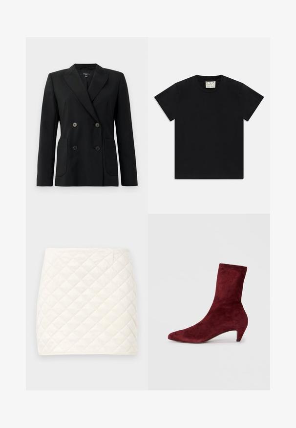 Blazer noir croisé en tissu structuré, avec des revers en pointe, deux poches avant et quatre boutons noirs.; T-shirt noir à manches courtes avec col rond, portant une étiquette blanche à l'intérieur du col étiquetée "D.R.C. EST. 2002" sur fond blanc.; Jupe mini matelassée en tissu blanc doux, avec un motif en diamant et des lignes épurées, dotée d'une texture lisse et sans fermetures visibles.; Bottine en daim bordeaux avec un bout pointu et un petit talon. Texture lisse et design ajusté sans matériel ou motifs visibles.