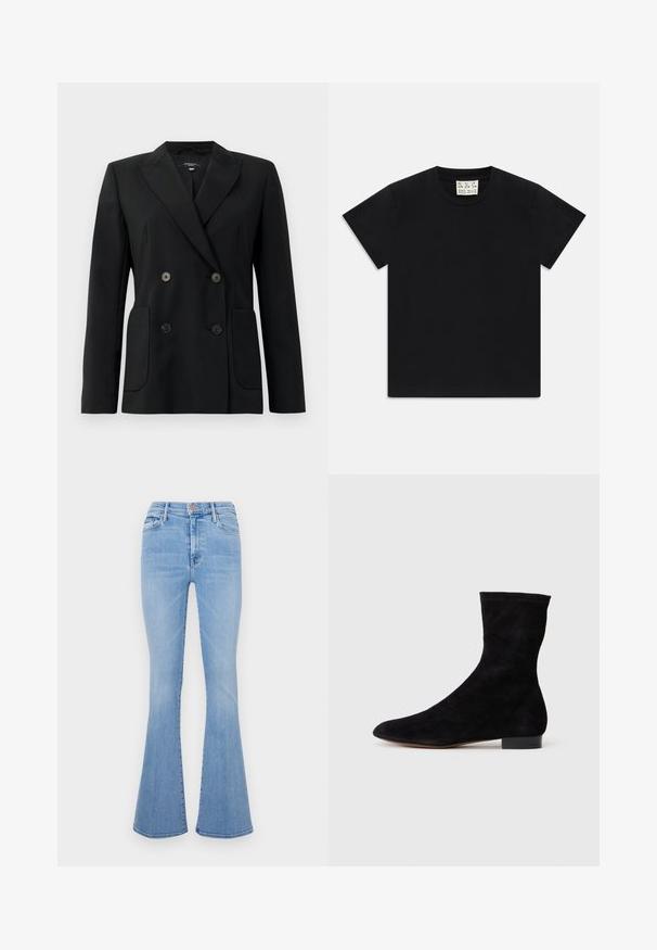 Schwarzer, doppelt gefütterter Blazer aus strukturiertem Stoff, mit Reverskragen, zwei Vordertaschen und vier schwarzen Knöpfen.; Schwarzes Kurzarm-T-Shirt mit Rundhalsausschnitt und einem weißen Etikett im Kragen, darauf steht "D.R.C. EST. 2002", vor einem weißen Hintergrund.; Helle blaue, aus Denim gefertigte, hoch taillierte Schlagjeans mit vorderen Taschen und einem dezenten, ausgewaschenen Look.; Schwarze Wildleder-Ankelboots mit einem enganliegenden Schaft, spitzer Zehenform und niedrigem Blockabsatz. Glatte Textur und minimalistisches Design, geeignet für vielseitige Styles.