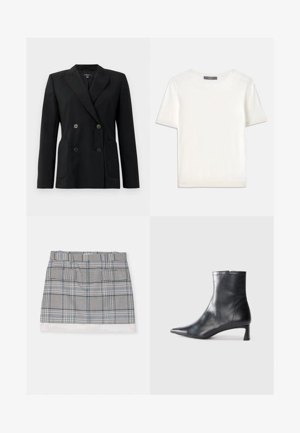 Fekete, kétsoros zakó, amely strukturált anyagból készült, kihajtott gallérral, két elülső zsebbel és négy fekete gombbal rendelkezik.; Fehér, rövid ujjú kötött felső, kerek nyakkivágással, sima textúrával és diszkrét bordázott részletekkel az ujjain és az alján.; Kockás mini szoknya fekete, fehér és kék színben. Két elülső zsebbel és egy egyszínű fehér szegéllyel rendelkezik. Könnyű, sima textúrájú anyag.; Fekete bőr bokacsizma hegyes orral és letisztult dizájnnal. Alacsony sarka és hátsó cipzáras záródása van. Simának tűnő textúra.