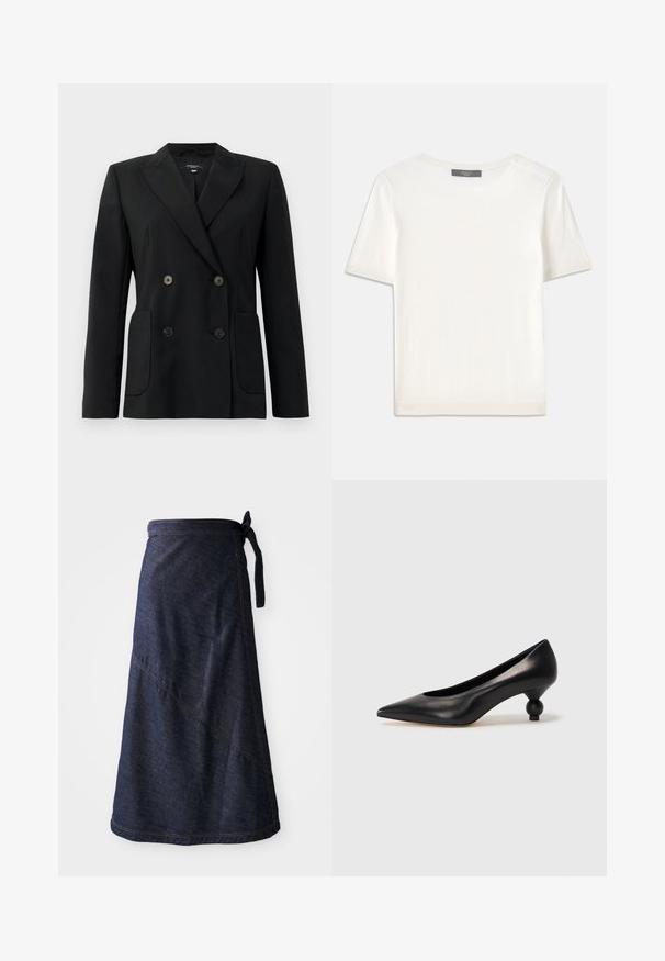Blazer noir croisé en tissu structuré, avec des revers en pointe, deux poches avant et quatre boutons noirs.; Haut tricot blanc à manches courtes avec un col rond, présentant une texture lisse et des accents côtelés subtils aux manches et à l'ourlet.; Jupe enveloppe en denim bleu foncé avec une taille nouée, présentant des coutures diagonales et une texture lisse. Sa longueur s'étend juste en dessous du genou.; Chaussure à talon haut en cuir noir avec un bout pointu et un talon arrondi. Texture lisse avec un design épuré et minimal.
