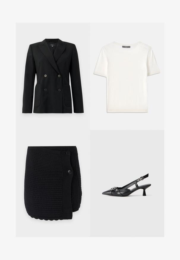 Blazer negro de doble botonadura, hecho de una tela estructurada, con solapas de muesca, dos bolsillos frontales y cuatro botones negros.; Top de punto corto de manga blanca con cuello redondo, que presenta una textura suave y sutiles detalles acanalados en las mangas y el dobladillo.; Wrap negro de punto con un patrón texturizado, dobladillo con volantes y dos grandes botones para el cierre. Material suave con un diseño acogedor.; Zapato de slingback negro de piel con punta afilada, correas decorativas con ojales de metal y un tacón bajo y ancho. Superficie texturizada.