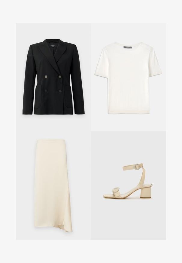 Black double-breasted blazer made of structured fabric, featuring notch lapels, two front pockets, and four black buttons.; White short-sleeve knit top with a round neckline, featuring a smooth texture and subtle ribbed accents at sleeves and hem.; WEEKEND MaxMara AIA - Pencil skirt - ecru; Beige high-heeled sandals with a minimalist design, featuring two circular accents and a chunky heel. Made from smooth leather.