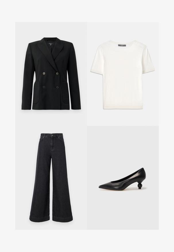 Czarna podwójnie zapinana marynarka z wytrzymałego materiału, z klapami w kształcie klina, dwiema przednimi kieszeniami i czterema czarnymi guzikami.; Biała krótki rękaw dzianinowa bluzka z okrągłym dekoltem, charakteryzująca się gładką teksturą i subtelnymi prążkowanymi akcentami na rękawach oraz u dołu.; Szerokie czarne dżinsy z wysokim stanem, dużymi kieszeniami i wyraźnym dołem, z klasycznym zapięciem na guzik i zamek.; Czarna skórzana szpilka z ostrym czubkiem i okrągłym, kulistym obcasem. Gładka tekstura z eleganckim, minimalistycznym wzornictwem.
