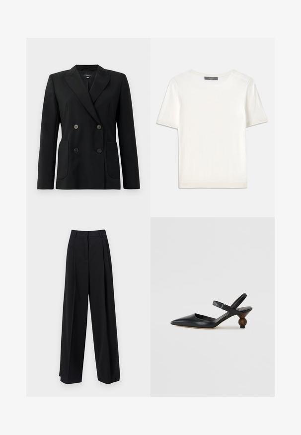 Zwarte dubbelgebreide blazer van gestructureerde stof, met notch revers, twee voord pockets en vier zwarte knopen.; Witte gebreide top met korte mouwen en een ronde halslijn, met een gladde textuur en subtiele ribgebreide accenten bij de mouwen en de zoom.; WEEKEND MaxMara BAIOCCO - Broek - black; Zwarte leren slingbackshoe met een spitse neus, gebogen ontwerp en een ronde, houtachtige hak. Voorzien van een smalle enkelband.