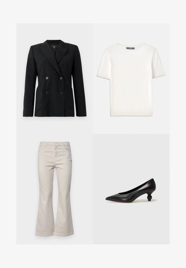 Black double-breasted blazer made of structured fabric, featuring notch lapels, two front pockets, and four black buttons.; White short-sleeve knit top with a round neckline, featuring a smooth texture and subtle ribbed accents at sleeves and hem.; Beige cotton flared jeans with five pockets, front button closure, and belt loops, featuring a smooth texture and a straight design.; Black leather high heel shoe with a pointed toe and a round, balled heel. Smooth texture with a sleek, minimal design.