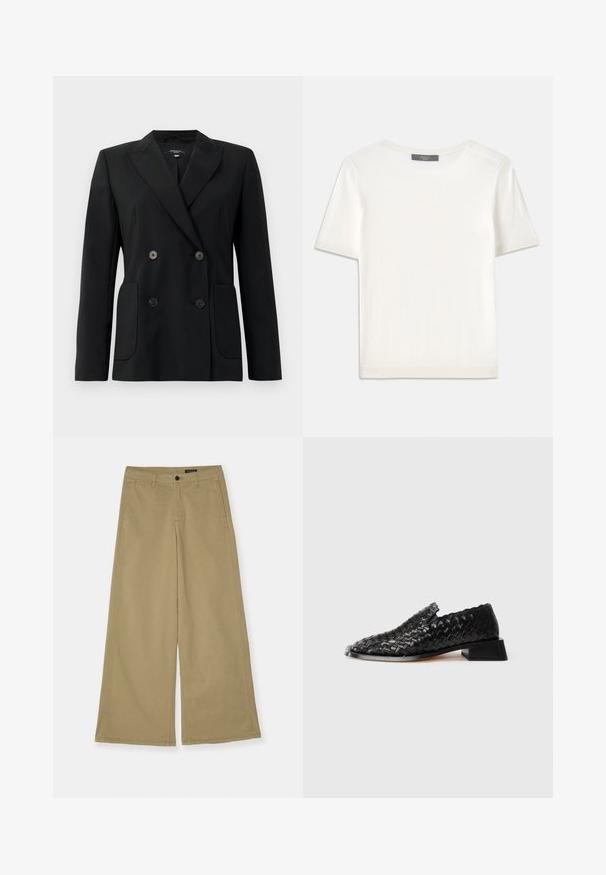 Blazer noir croisé en tissu structuré, avec des revers en pointe, deux poches avant et quatre boutons noirs.; Haut tricot blanc à manches courtes avec un col rond, présentant une texture lisse et des accents côtelés subtils aux manches et à l'ourlet.; Pantalons larges kaki en coton, avec fermeture à bouton, poches latérales et détails de couture visibles. Texture lisse.; Chausson en cuir noir tressé à enfiler avec un petit talon carré et des détails festonnés, présenté sur un fond blanc.