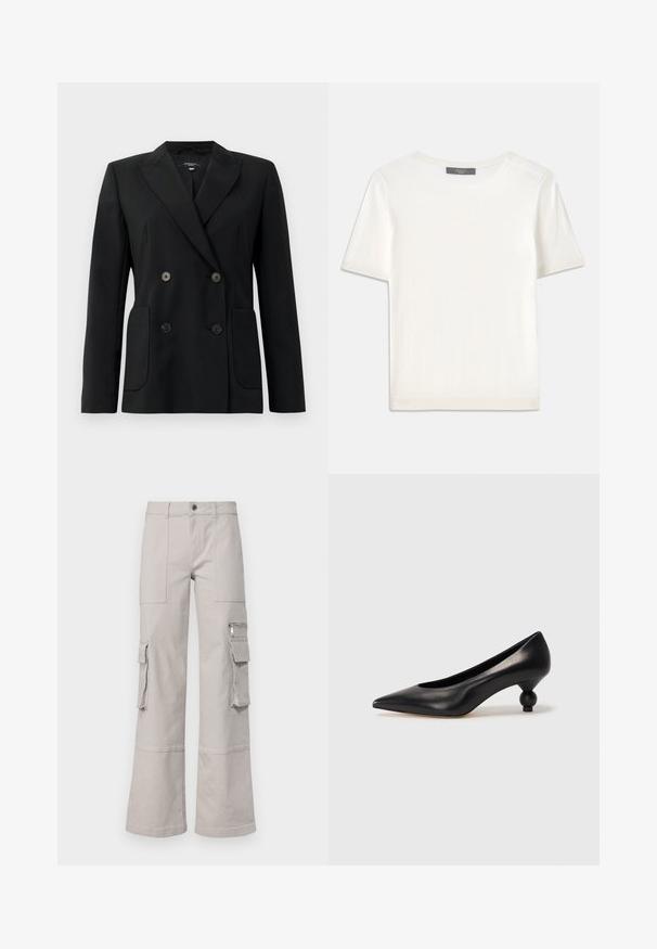 Sort dobbeltradet blazer lavet af struktureret stof, med klapkrave, to forlommer og fire sorte knapper.; Hvid kortærmet strikbluse med rund halsudskæring, der har en glat tekstur og subtile ribbede detaljer ved ærmerne og kanten.; Lys grå cargobukser med brede ben, flere lommer og en struktureret stoffinish. Har synlige sømme og en knaplukning.; Sort læder høje hæle med spids tå og rund, kugleformet hæl. Glat tekstur med et stilrent, minimalistisk design.