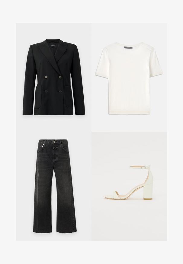 Blazer preto de dupla face feito de tecido estruturado, apresentando lapelas com corte em notch, dois bolsos frontais e quatro botões pretos.; Top de malha branco, de mangas curtas, com decote redondo, apresentando uma textura suave e discretos realces canelados nas mangas e na barra.; Jeans pretos de perna larga feitos de denim, com uma cintura alta, fecho com botão metálico, cinco bolsos e acabamento áspero nas bainhas.; Sandal de bloco em pele branca, apresentando uma correia no tornozelo com fivela e um design minimalista. Com biqueira aberta e texturas suaves ao longo de toda a peça.