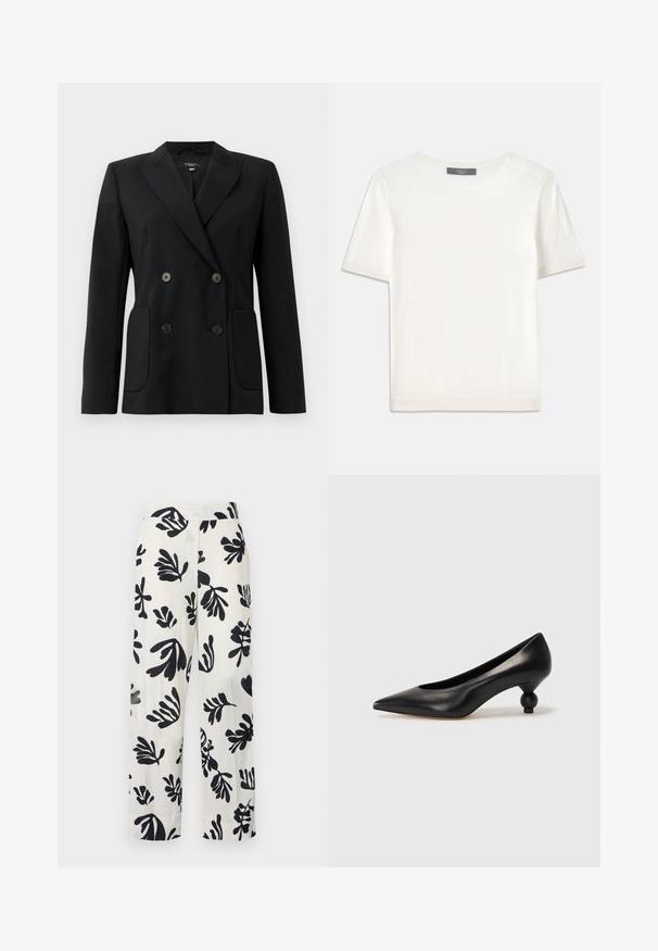 Černý dvouřadý blazer vyrobený z pevných tkanin, s klopovými límci, dvěma předními kapsami a čtyřmi černými knoflíky.; Bílý pletený top s krátkým rukávem a kulatým výstřihem, s hladkou strukturou a jemnými ribovými akcenty na rukávech a lemu.; Bílé lněné kalhoty s výrazným černým botanickým potiskem, širokými nohavicemi, uvolněným střihem a přišitými záhyby na přední straně.; Černá kožená vysoká bota na podpatku s špičatou špičkou a kulatým, zaobleným podpatkem. Hladká textura s elegantním, minimalistickým designem.