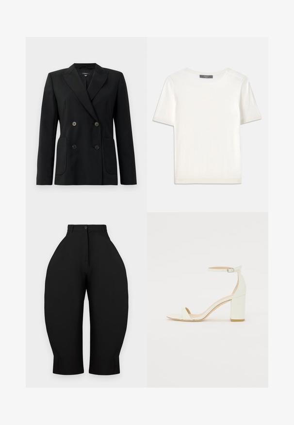 Crni dvostruki sako od čvrstog materijala, s reverima, dva prednja džepa i četiri crna dugmeta.; Bijela kratkotrajna pletena majica s kratkim rukavima i okruglim izrezom, koja se odlikuje glatkom teksturom i suptilnim rebrastim detaljima na rukavima i rubu.; Crne hlače s visokim strukom i širokim, suženim nogavicama. Izrađene od glatkog materijala, s kopčanjem na gumb i bez vidljivih džepova.; Bijela kožna sandala na blok petu s remenom oko zapešća i minimalističkim dizajnom. Otvoreni nos i glatke teksture kroz cijelu obuću.