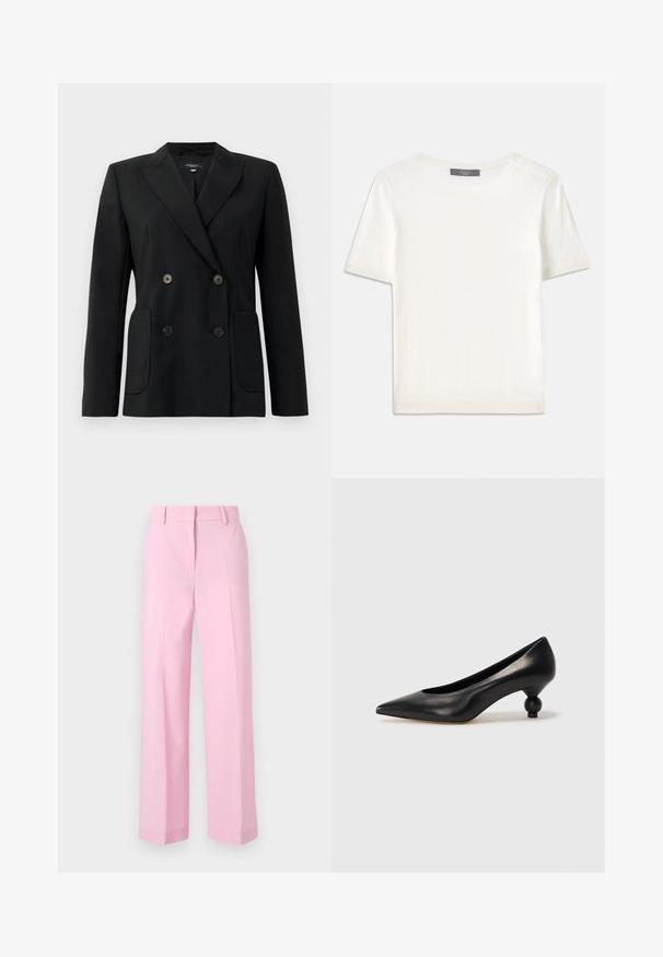 Juodas dvigubas švarkas, pagamintas iš struktūruotos medžiagos, su išpjautomis atlapomis, dviem priekinėmis kišenėmis ir taisyklingais juodais mygtukais.; Baltas trumpas rankovėmis megztinis su apvaliu kaklu, pasižymintis lygia tekstūra ir subtiliais raštuotais akcentais rankovėse bei apykaulyje.; Šviesiai rožinės, plačios kojinės kelnės su lygiu paviršiumi, turinčios standartinį juosmenį ir aiškias klostes priekyje, suteikiančias struktūros.; Juoda odinė aukštakulnė bateliai su smailiu pirštu ir apvaliu, iškiliu kulnu. Lygus paviršius su elegantišku, minimalistiniu dizainu.