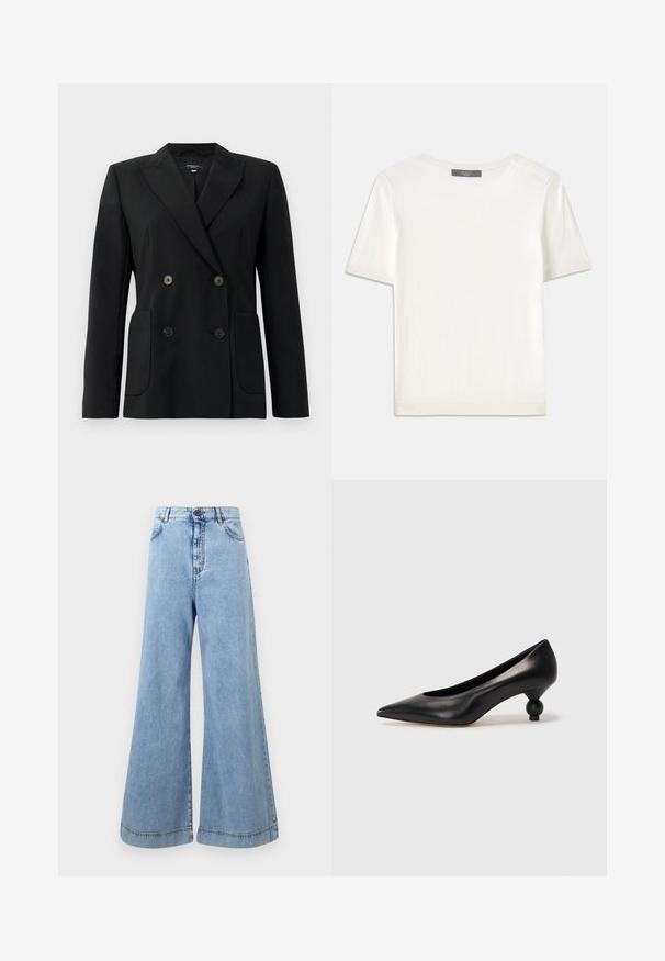 Blazer negru cu două rânduri de nasturi, realizat dintr-un material structurat, având rever cu decupaj, două buzunare frontale și patru nasturi negri.; Top tricotat alb cu mânecă scurtă, cu decolteu rotund, având o textură netedă și accente subtile cu nervuri la mâneci și la margine.; Jeans largi de culoare albastru deschis, din denim. Cu talie înaltă, cusături în contrast, cinci buzunare și sistem de închidere cu buton la talie.; Pantofii cu toc înalt din piele neagră, cu vârf ascuțit și toc rotund, mimos. Textură netedă, cu un design elegant și minimalist.