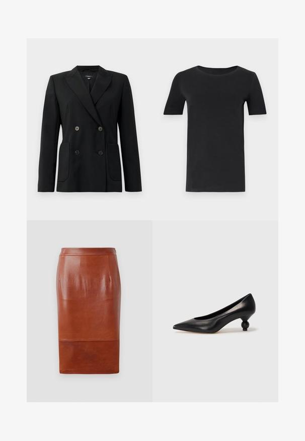 Fekete, kétsoros zakó, amely strukturált anyagból készült, kihajtott gallérral, két elülső zsebbel és négy fekete gombbal rendelkezik.; Fekete, rövid ujjú póló, puha pamutból készült, kerek nyakkivágással és klasszikus szabással. Sima textúra, minta vagy díszítés nélkül.; Barna bőr ceruzaszoknya sima textúrával, térdhosszú kialakítással és enyhe fényes hatással. Fitted derékpánttal és oldalsó zsebekkel rendelkezik.; Fekete bőr magassarkú cipő, hegyes orral és kerek, gömbölyű sarokkal. Simább textúrával, elegáns, minimalista dizájnnal.