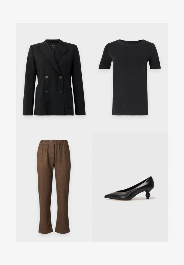 Blazer negru cu două rânduri de nasturi, realizat dintr-un material structurat, având rever cu decupaj, două buzunare frontale și patru nasturi negri.; Tricou negru cu mânecă scurtă, confecționat din bumbac moale, cu un gât rotund și o croială clasică. Textură netedă, fără modele sau broderii.; WEEKEND MaxMara CORDOBA - Pantaloni - nocciola; Pantofii cu toc înalt din piele neagră, cu vârf ascuțit și toc rotund, mimos. Textură netedă, cu un design elegant și minimalist.