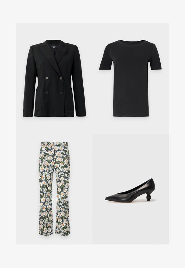 Zwarte dubbelgebreide blazer van gestructureerde stof, met notch revers, twee voord pockets en vier zwarte knopen.; Zwarte t-shirt met korte mouwen van zacht katoen, met een ronde hals en een klassieke pasvorm. Soepele textuur, geen patronen of versieringen.; Uitlopende broek met een bloemenpatroon met witte madeliefjes en oranje centra op een donkere achtergrond. Gemaakt van lichte stof.; Zwarte leren hoge hak schoen met een spitse neus en een ronde, bolle hak. Gladde textuur met een elegant, minimalistisch ontwerp.