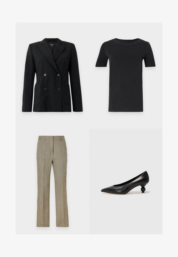 Čierny dvojradový blejzer vyrobený z pevnej látky, s klopami, dvoma prednými vreckami a štyrmi čiernymi gombíkmi.; Čierne tričko s krátkym rukávom vyrobené z jemného bavlneného materiálu, s okrúhlym výstrihom a klasickým strihom. Hladká textúra, bez vzorov alebo dekoratívnych prvkov.; Krémovo-čierne kockované nohavice s rovnými nohavicami, so slučkami na opasok a bočnými vreckami, vyrobené z hladkej látky.; Čierna kožená vysoká topánka na podpätku s ostrým špičkou a okrúhlym, guľatým podpätkom. Hladký povrch s moderným, minimalistickým dizajnom.