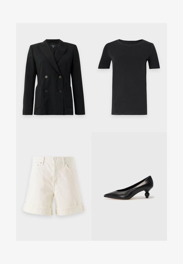 Black double-breasted blazer made of structured fabric, featuring notch lapels, two front pockets, and four black buttons.; Black short-sleeve t-shirt made of soft cotton, with a round neckline and a classic fit. Smooth texture, no patterns or embellishments.; Light cream denim shorts with a straight cut, rolled cuffs, and classic five-pocket design. Features silver metal hardware.; Black leather high heel shoe with a pointed toe and a round, balled heel. Smooth texture with a sleek, minimal design.