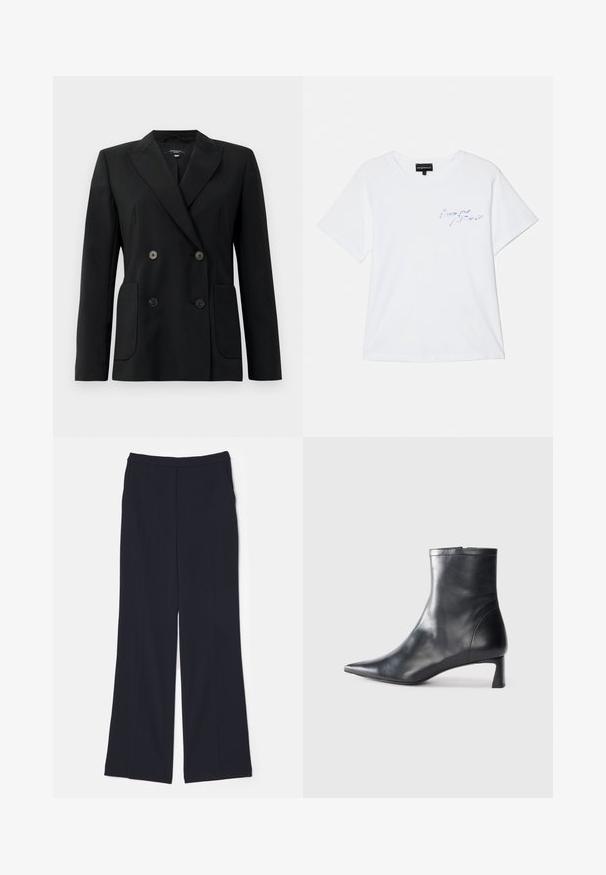 Musta kaksirivinen bleiseri, joka on valmistettu jämäkästä kankaasta ja jossa on asetelmalapelit, kaksi etutaskua ja neljä mustaa nappia.; Valkoinen puuvillapaita, jossa on lyhyet hihat, pyöreä kaula-aukko ja sinistä brodeerattua tekstiä rinnassa. Yksinkertainen, rento istuvuus.; Tummansinisiä leveälahkeisia housuja, jotka on valmistettu sileästä kankaasta. Housuissa on korkea vyötärö ja kaksi etupleittiä, jotka ulottuvat lahkeiden alas asti.; Musta nahkainen nilkkabotti, jossa on teräväkärkinen muotoilu ja tyylikäs design. Varusteena matala korko ja takana vetoketjukiinnitys. Sileä pinta.