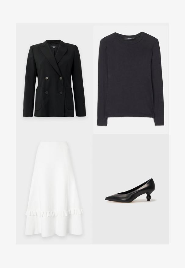 Sort dobbeltradet blazer lavet af struktureret stof, med klapkrave, to forlommer og fire sorte knapper.; Sort langærmet skjorte med rund hals, lavet af blødt stof. Har et enkelt design og diskrete syninger langs sømmen.; Hvid flared nederdel lavet af tekstureret stof, med en flæset kant og hulmønster, glat talje og knælængde.; Sort læder høje hæle med spids tå og rund, kugleformet hæl. Glat tekstur med et stilrent, minimalistisk design.