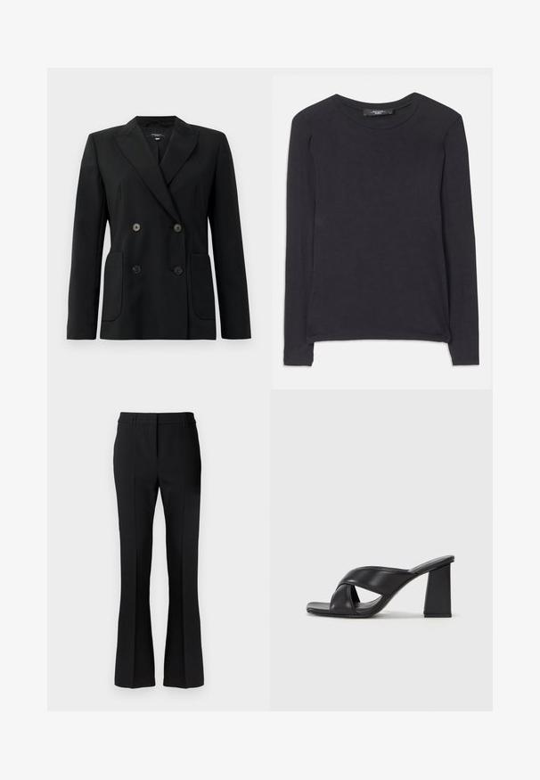 Black double-breasted blazer made of structured fabric, featuring notch lapels, two front pockets, and four black buttons.; Black long-sleeve shirt with a round neckline, made from soft fabric. Features a simple design and subtle stitching details along the hem.; Black flared trousers made of a smooth fabric, featuring a tailored waistband and front crease, designed for a fitted silhouette.; MAX&Co. SOHO - High heeled sandals - schwarz