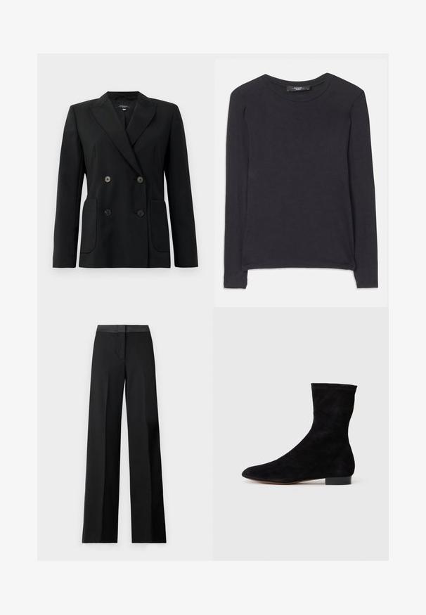 Juodas dvigubas švarkas, pagamintas iš struktūruotos medžiagos, su išpjautomis atlapomis, dviem priekinėmis kišenėmis ir taisyklingais juodais mygtukais.; Juodas ilgos rankovės marškinėliai su apvalia iškirpte, pagaminti iš minkštos medžiagos. Turi paprastą dizainą ir subtilius siuvimo akcentus palei apatinį kraštą.; Juodos plačios kojų kelnės su lygiu dirželiu ir elegantišku, pritaikytu dizainu. Pagamintos iš lengvos medžiagos su sklandžiu tekstūru.; Juoda zomšo kulkšnė su prigludusia ašimi, smailiu pirštu ir žemu bloku. Lygus paviršius ir minimalistiškas dizainas, tinkantis įvairiems stiliams.