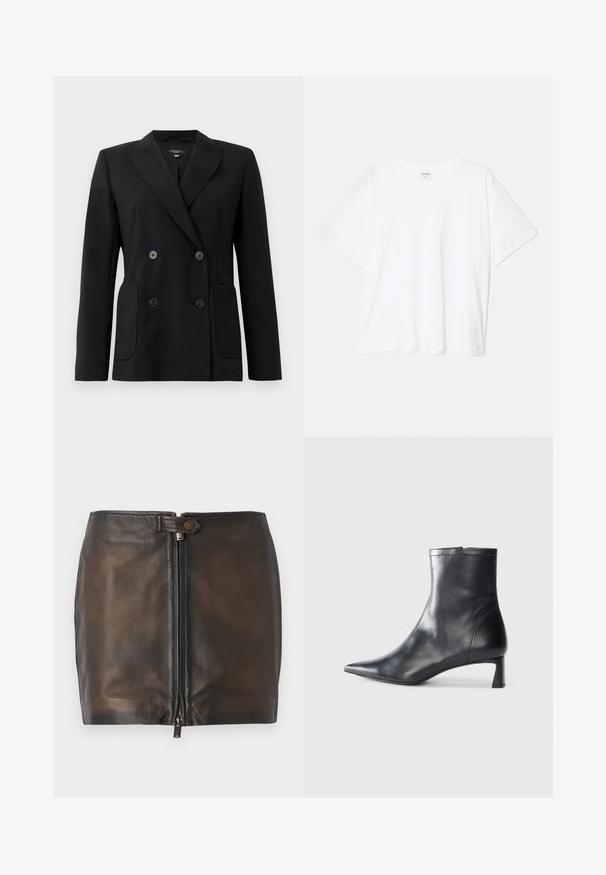 Mustvalge topeltkinnitatud bleiser, mis on valmistatud jäigast kangast, millel on kraed, kaks esist pocketit ja neli musta nööpi.; Valge puuvillane T-särk lühikeste varrukatega, ümmargune kaelus, mugav lõige ja õmmeldud serv. Silt nähtav kaela seest.; Must tume mustriga mini seelik ees oleva tõmbluku sulgemisega, sileda tekstuuriga ja kitsaste vöökohtadega. Sisaldab väikest metallist aksessuaari vöökohtadel.; Mustad mustall nahkasaabas terava nina ja stiilse disainiga. Omab madalat konts ja luku sulgemist taga. Sile tekstuur.