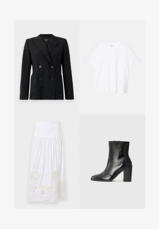 Czarna podwójnie zapinana marynarka z wytrzymałego materiału, z klapami w kształcie klina, dwiema przednimi kieszeniami i czterema czarnymi guzikami.; Biała bawełniana koszulka z krótkim rękawem, okrągłym dekoltem, luźnym krojem i przeszytym brzegiem. Metka widoczna wewnątrz dekoltu.; sandro - Długa spódnica; Czarne skórzane botki za kostkę o gładkiej fakturze, spiczastym nosku i grubym wysokim obcasie. Posiadają boczne wycięcie i minimalistyczny design.