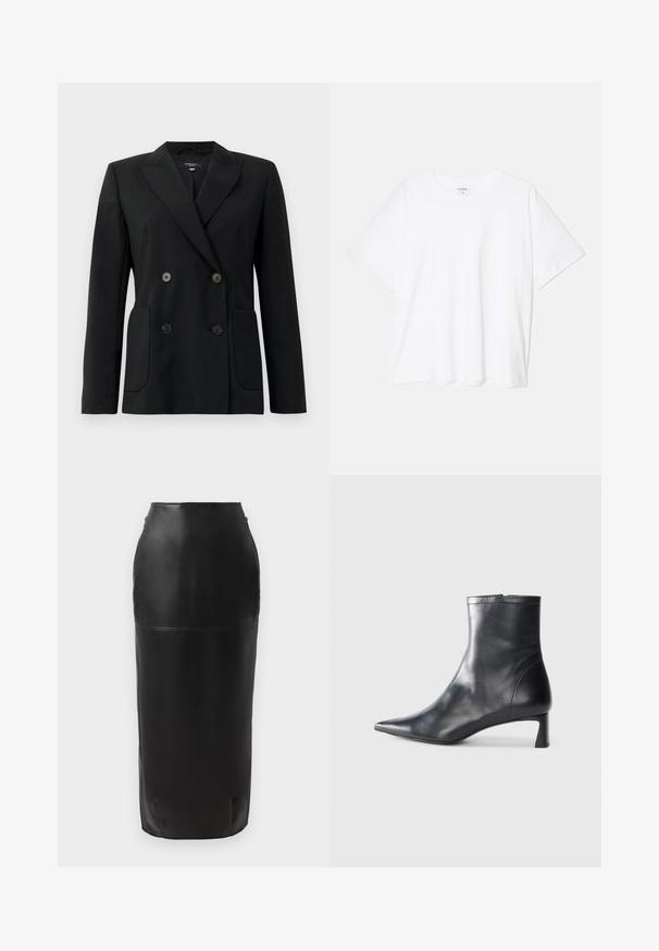 Mustvalge topeltkinnitatud bleiser, mis on valmistatud jäigast kangast, millel on kraed, kaks esist pocketit ja neli musta nööpi.; Valge puuvillane T-särk lühikeste varrukatega, ümmargune kaelus, mugav lõige ja õmmeldud serv. Silt nähtav kaela seest.; Must nägu mustast nahast midi seelikust, millel on vormiv siluett, sile tekstuur, kõrge talje ja diskreetne lukuga sulgemine külgedel. Ilma mustrite ja aktsentideta.; Mustad mustall nahkasaabas terava nina ja stiilse disainiga. Omab madalat konts ja luku sulgemist taga. Sile tekstuur.