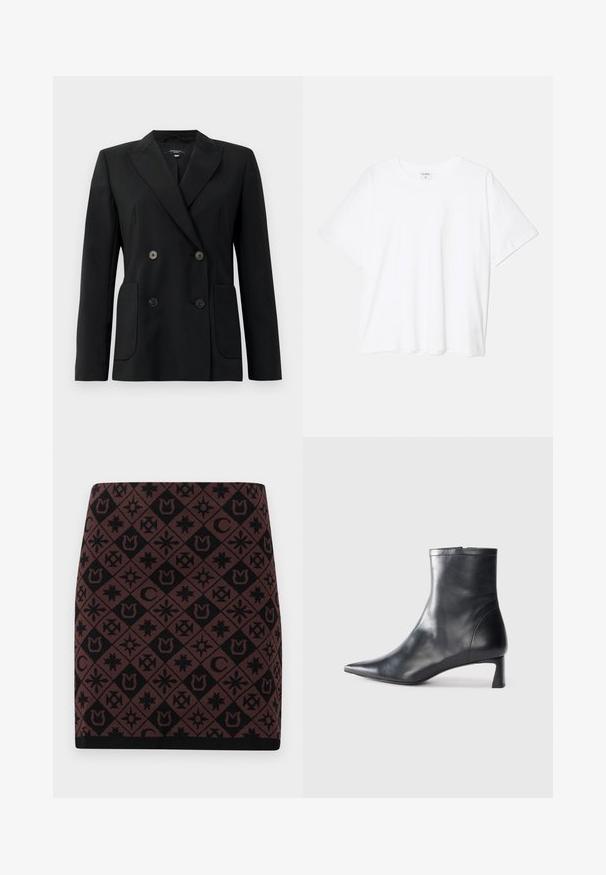 Juodas dvigubas švarkas, pagamintas iš struktūruotos medžiagos, su išpjautomis atlapomis, dviem priekinėmis kišenėmis ir taisyklingais juodais mygtukais.; Balta medvilnės marškinėliai trumpomis rankovėmis, apvalia iškirpte, laisvo kirpimo ir su siūtu kraštu. Etiketė matoma vidinėje iškirptės pusėje.; Megztas sijonas su geometriniu juodos ir rudos spalvos raštu, įvairiomis simbolėmis, prigludusia forma ir juodu juosmeniu apačioje.; Juodas odinis kulkšninis batas su smailiu pirštu ir elegantišku dizainu. Turi žemą kulną ir užtrauktuką gale. Lygi tekstūra.