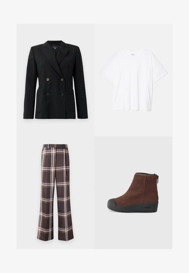 Black double-breasted blazer made of structured fabric, featuring notch lapels, two front pockets, and four black buttons.; White cotton t-shirt with short sleeves, round neckline, relaxed fit, and stitched hem. Label visible on the inside neck.; Stine Goya FRONT PLEAT LONG STRAIGHT PANTS CASUAL TAILORING - Trousers - dark brown; Brown suede ankle boot with a rounded toe, textured black rubber sole, and side zipper. Subtle branding on the heel and near the zipper.