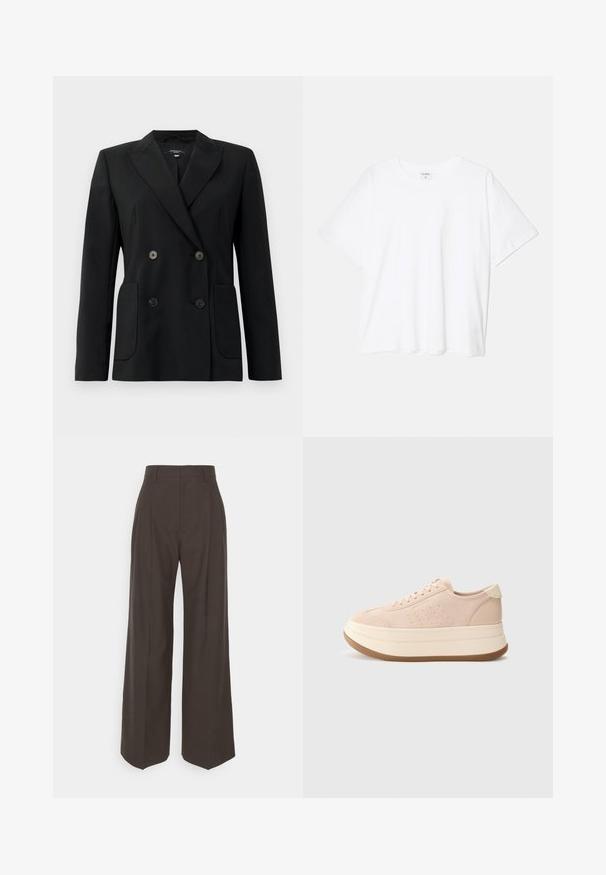 Black double-breasted blazer made of structured fabric, featuring notch lapels, two front pockets, and four black buttons.; White cotton t-shirt with short sleeves, round neckline, relaxed fit, and stitched hem. Label visible on the inside neck.; Dark brown wide-leg trousers with a high waist, featuring neatly pressed creases, smooth texture, and a tailored fit.; Pink suede sneaker with a rounded toe, lace-up front, and platform sole. Features textured accents and a contrasting cream heel tab.